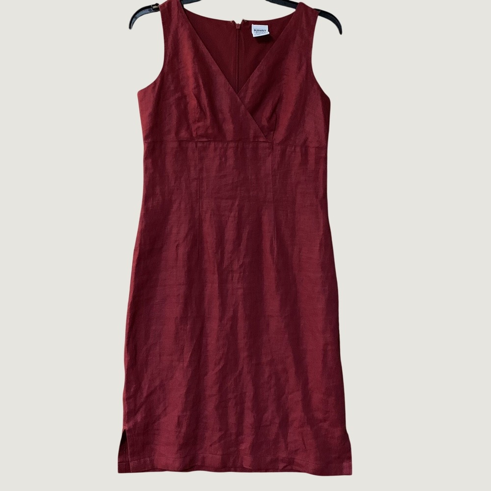 Old Navy Outlet Linen Shift Dress 1 Burgundy V-Neck Sleeveless Vintage Spring 04